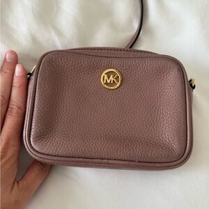 Michael Kors Mauve Leather Pebbled Crossbody with Gold MK Logo
